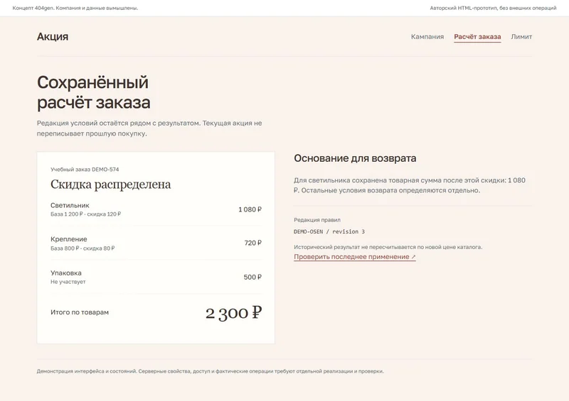 Концепт «Акция»: распределение по позициям, демонстрационные данные