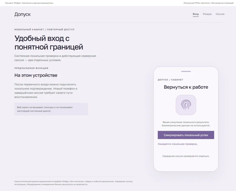 Концепт «Допуск»: локальный повторный вход, демонстрационные данные