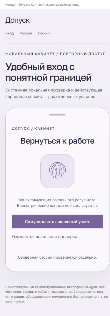 Концепт «Допуск»: вход на телефоне, демонстрационные данные