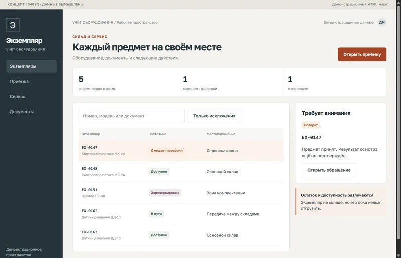 Концепт «Экземпляр»: реестр оборудования, демонстрационные данные