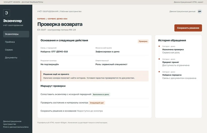 Концепт «Экземпляр»: проверка возврата, демонстрационные данные
