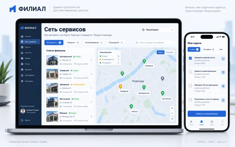 Рабочее пространство сервисной сети. AI-визуализация; демонстрационные данные.