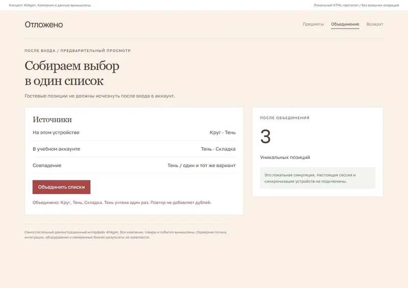 Концепт «Отложено»: объединение списков, демонстрационные данные