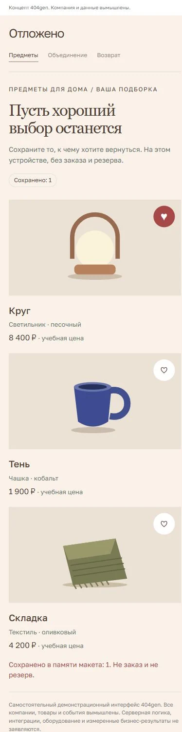 Концепт «Отложено»: подборка на телефоне, демонстрационные данные