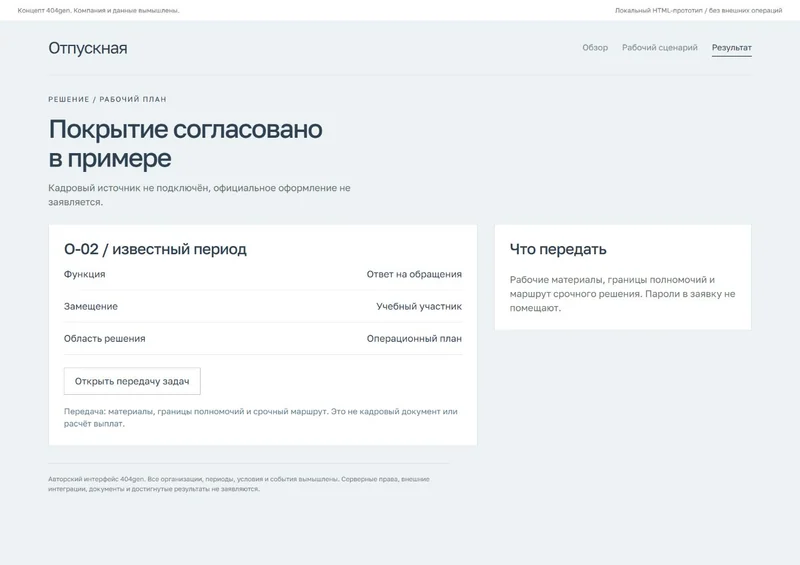 Концепт «Отпускная»: решение по плану, демонстрационные данные
