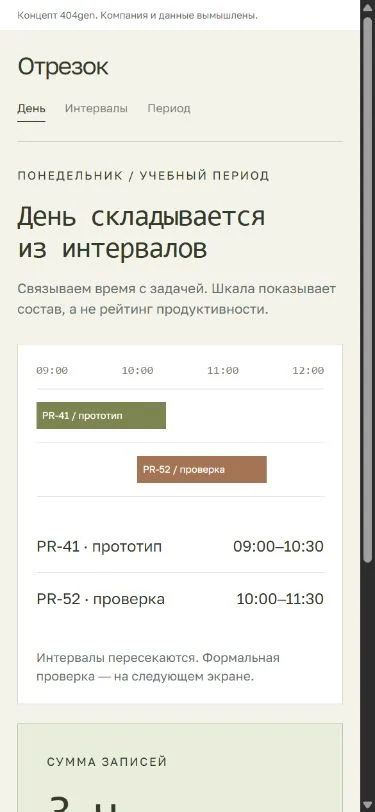 Концепт «Отрезок»: записи на телефоне, демонстрационные данные