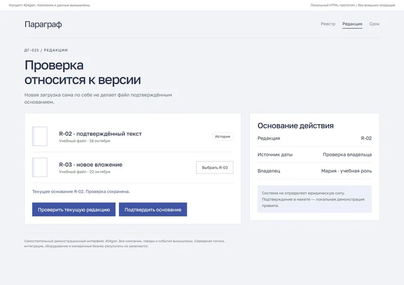 Концепт «Параграф»: редакции договора, демонстрационные данные