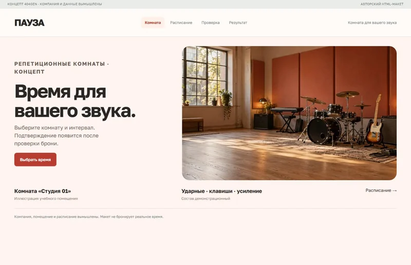 Концепт «Пауза»: комната для репетиции, демонстрационные данные