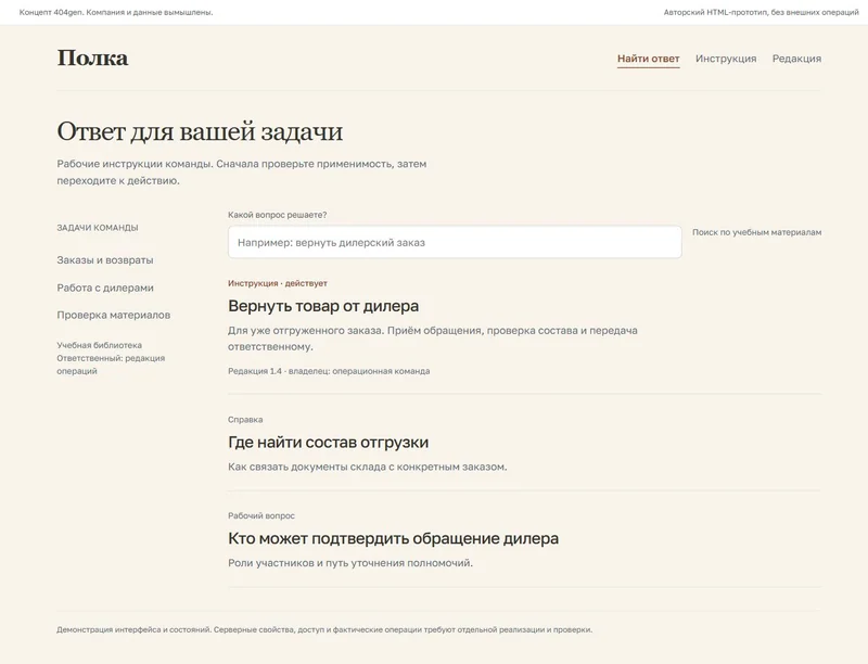 Концепт «Полка»: поиск рабочего ответа, демонстрационные данные