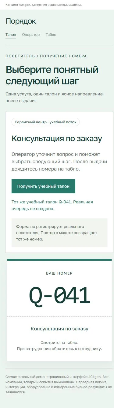 Концепт «Порядок»: талон на телефоне, демонстрационные данные