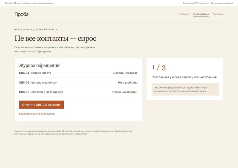 Концепт «Проба»: квалификация обращений, демонстрационные данные