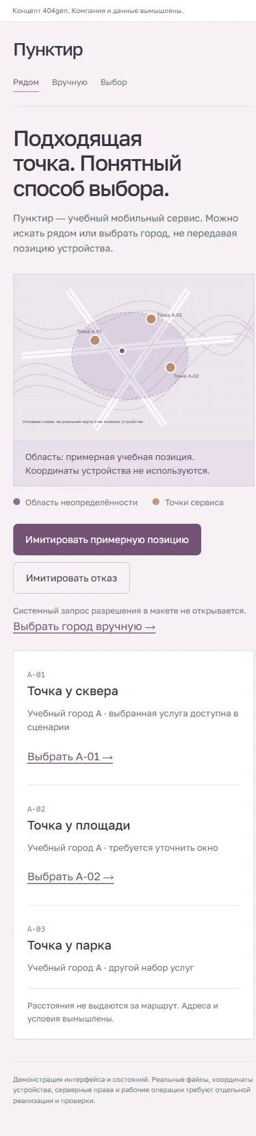 Концепт «Пунктир»: выбор на телефоне, демонстрационные данные