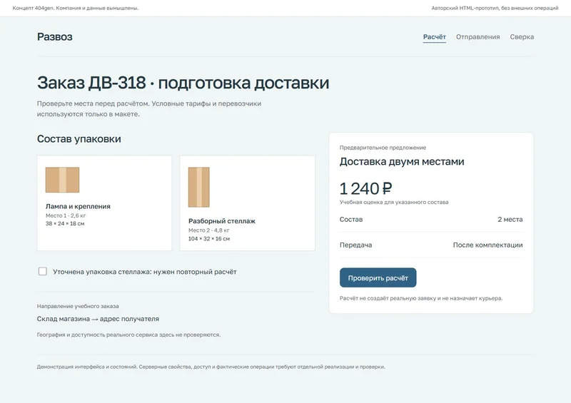 Концепт «Развоз»: упаковка и предварительный расчёт, демонстрационные данные