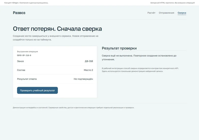Концепт «Развоз»: сверка потерянного ответа, демонстрационные данные