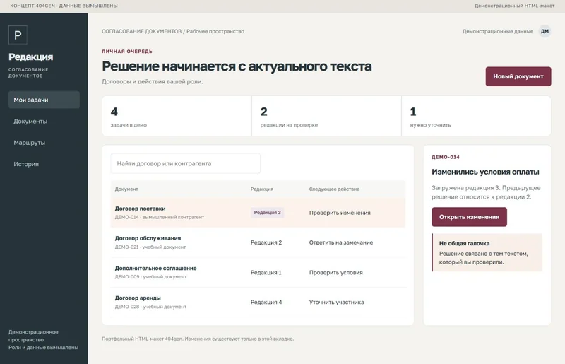 Концепт «Редакция»: очередь согласования, демонстрационные данные