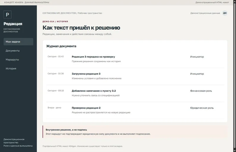 Концепт «Редакция»: журнал редакций, демонстрационные данные