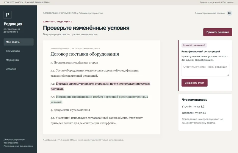 Концепт «Редакция»: текст и замечания, демонстрационные данные