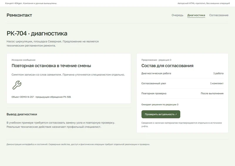 Концепт «Ремконтакт»: диагностика и предложение, демонстрационные данные