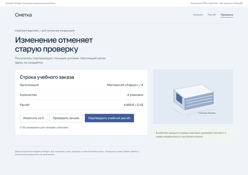 Концепт «Сметка»: проверка перед заказом, демонстрационные данные