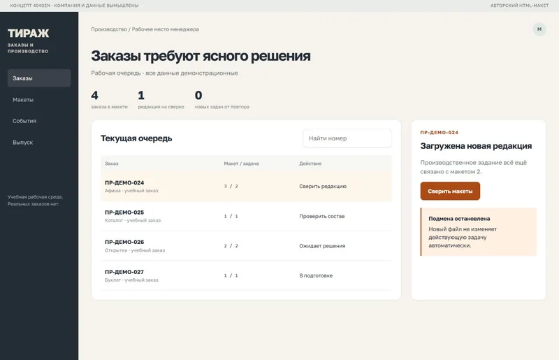Концепт «Тираж»: очередь заказов, демонстрационные данные