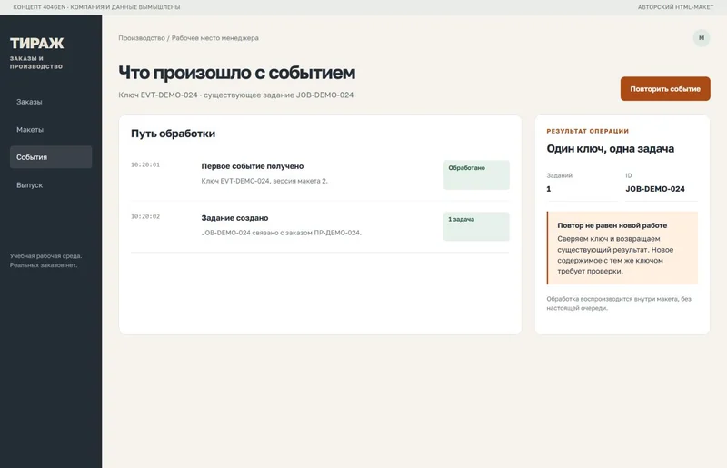 Концепт «Тираж»: путь события, демонстрационные данные