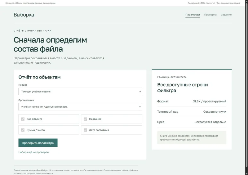 Концепт «Выборка»: параметры отчёта, демонстрационные данные