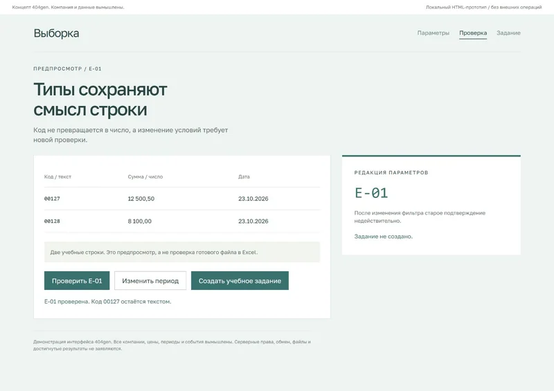 Концепт «Выборка»: предварительная проверка, демонстрационные данные