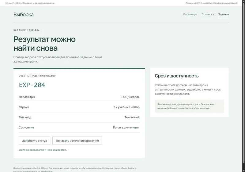 Концепт «Выборка»: результат задания, демонстрационные данные