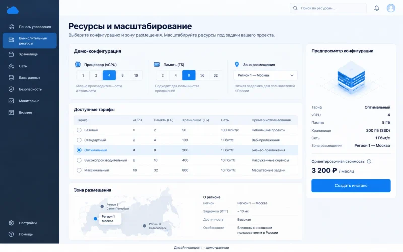 Дизайн-концепт: настройка ресурсов; демонстрационные данные