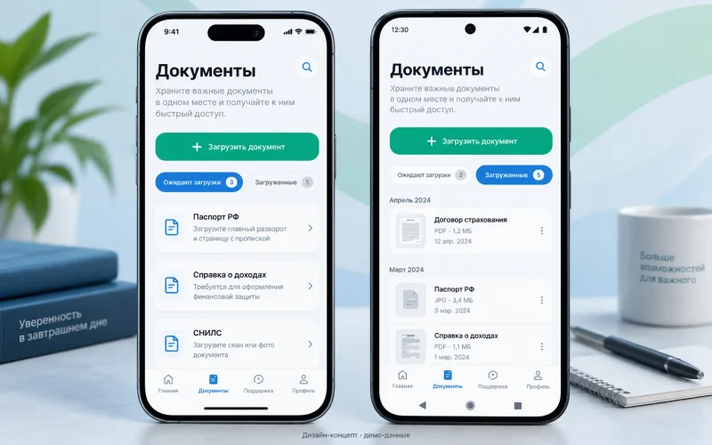 Дизайн-концепт: документы и загрузка; демонстрационные данные