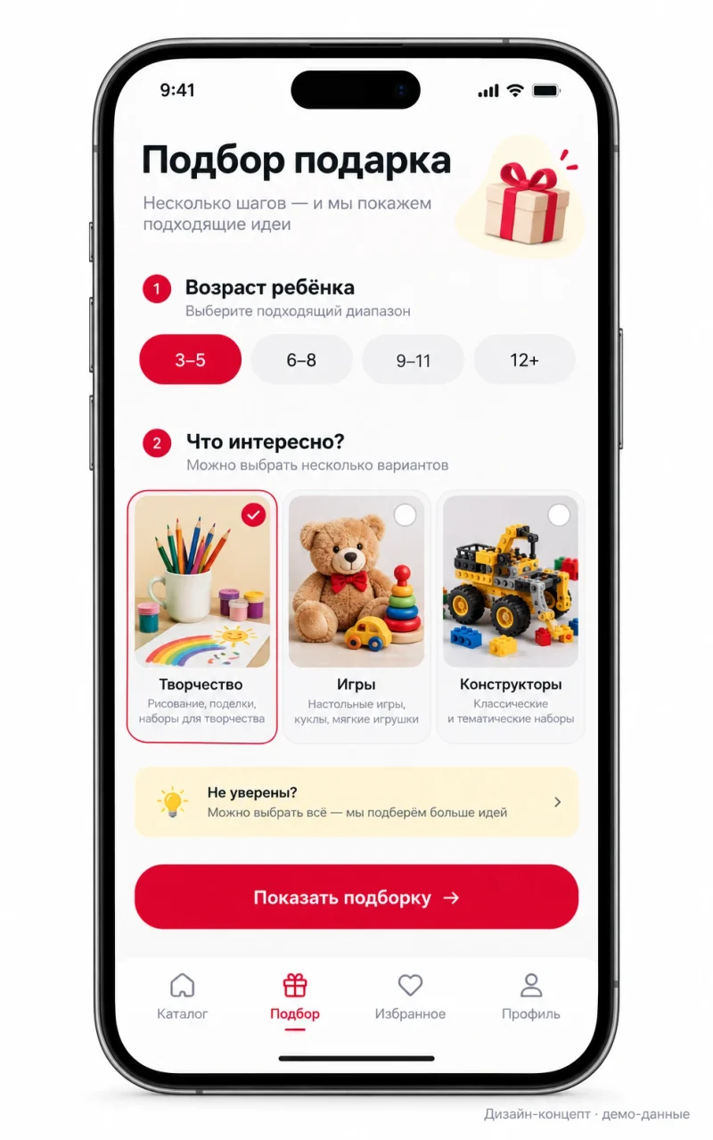 Дизайн-концепт: подбор подарка; демонстрационные данные