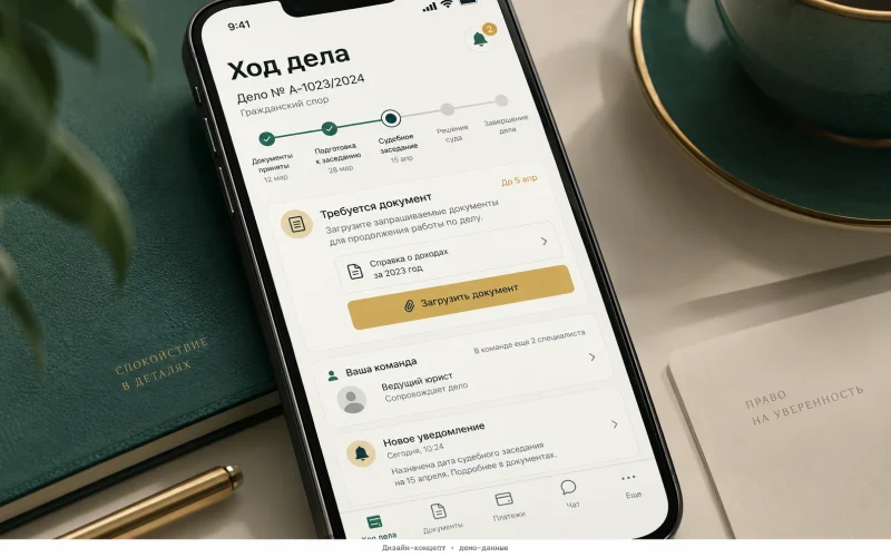 Дизайн-концепт: ход дела на телефоне; демонстрационные данные