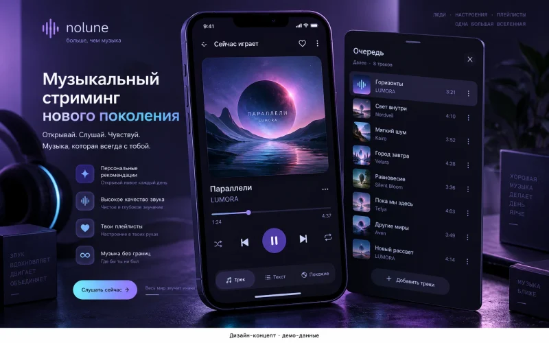 Дизайн-концепт: плеер и очередь; демонстрационные данные