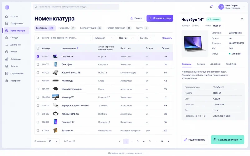 Дизайн-концепт: единая номенклатура; демонстрационные данные
