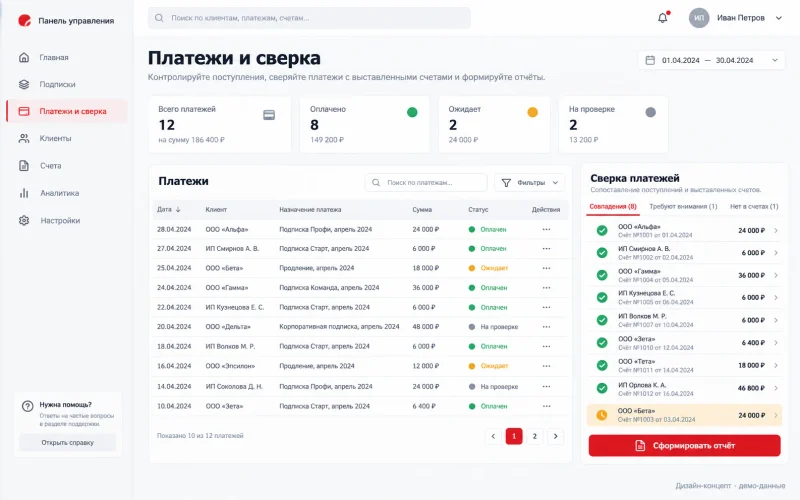 Дизайн-концепт: сверка платежей; демонстрационные данные