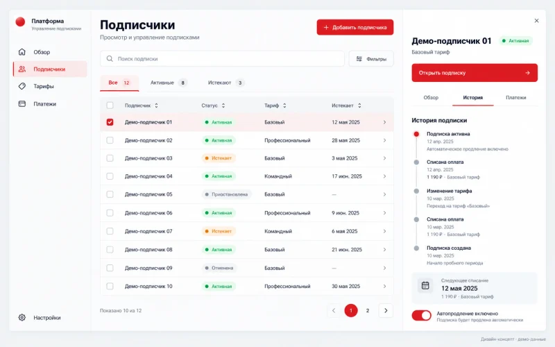 Дизайн-концепт: работа с подписчиками; демонстрационные данные