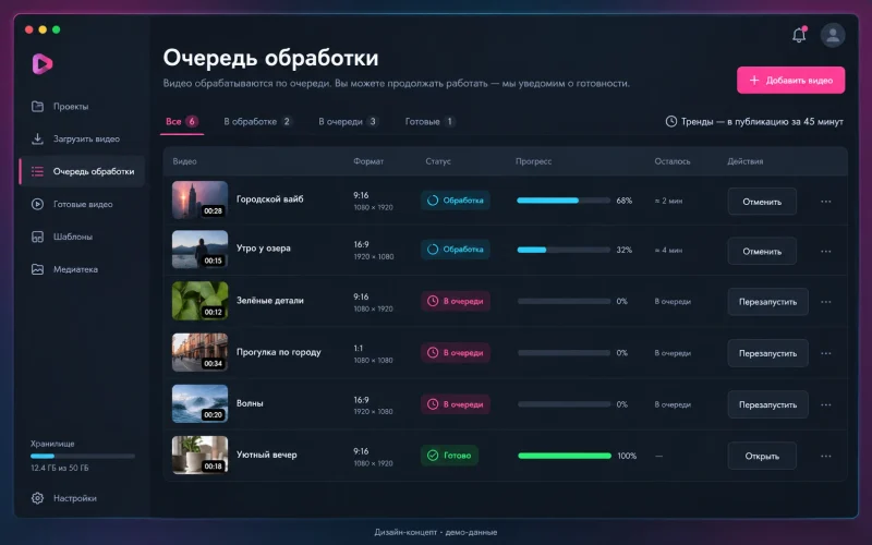 Дизайн-концепт: очередь обработки; демонстрационные данные